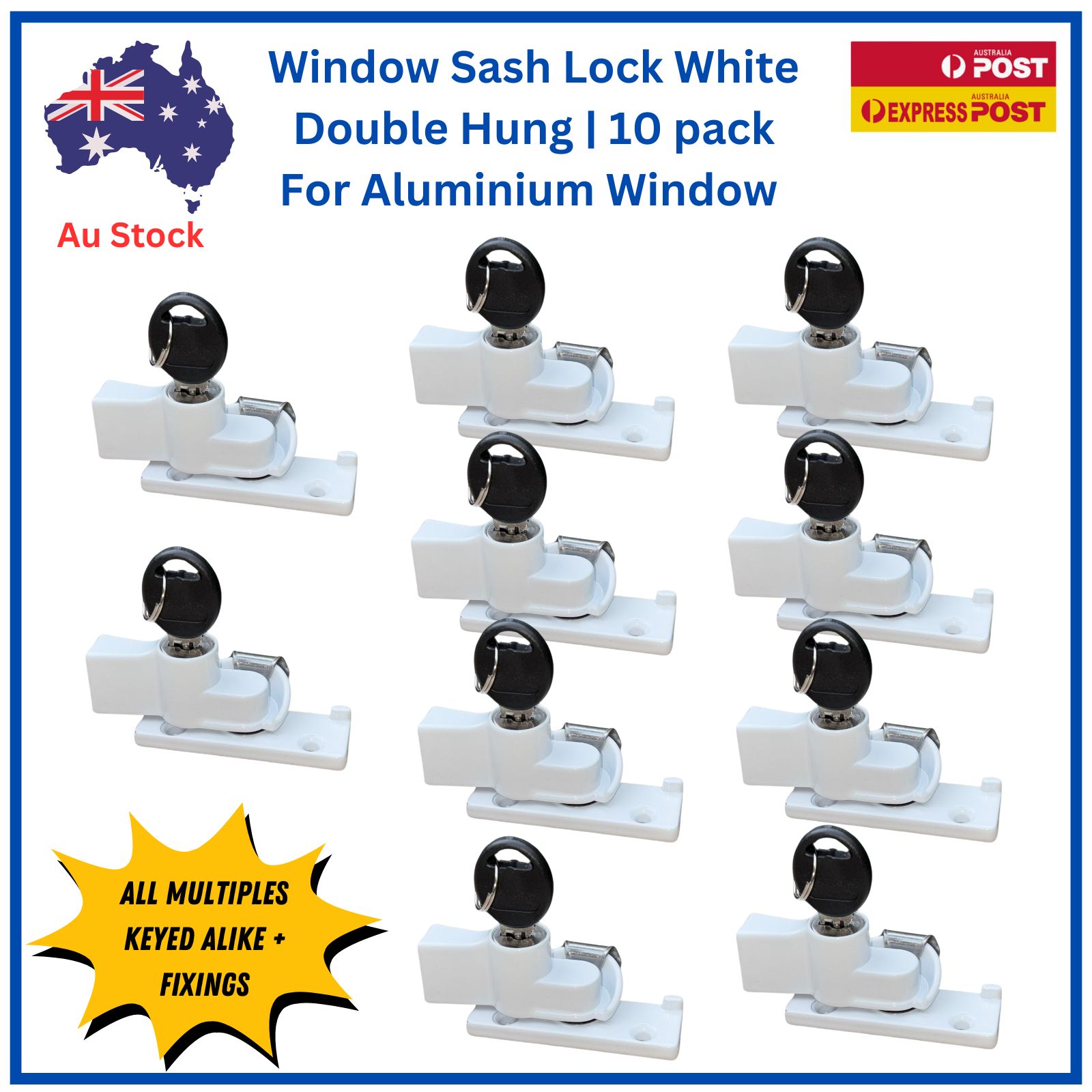 Window-Lock-double-Hung-Sash-White-keyed-alike-aluminium window-wide-base-narrow keeper plate-10 pack Window-Lock-double-Hung-Sash-White-keyed-alike-aluminium window-wide-base-narrow keeper plate-10 pack