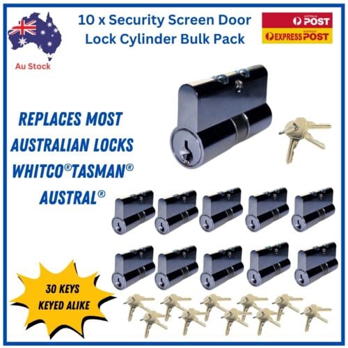 Cylinder-Security-Door-hinged-sliding- Barrel -commercial -4-pin- 10-pack-trade-whitco-austral-tasman-compatible 10 Pack Security Door Lock Cylinders – 4 Pin | Lazy Cam | Euro Profile with 30 Keys - Image 1