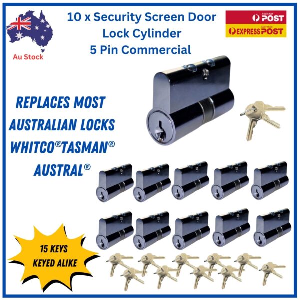 Cylinder-Security-Door-hinged-sliding- Barrel -commercial -5-pin- 10-pack-trade-whitco-austral-tasman-compatible