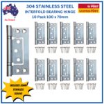 304 Stainless Steel Non-Mortice Ball Bearing Interfold Hinges – 100 mm 2.5 mm Thick-Offset Round Knuckle-Satin Stainless - 10 pack Screws