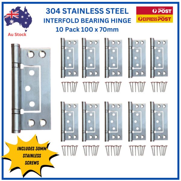304 Stainless Steel Non-Mortice Ball Bearing Interfold Hinges – 100 mm 2.5 mm Thick-Offset Round Knuckle-Satin Stainless - 10 pack Screws