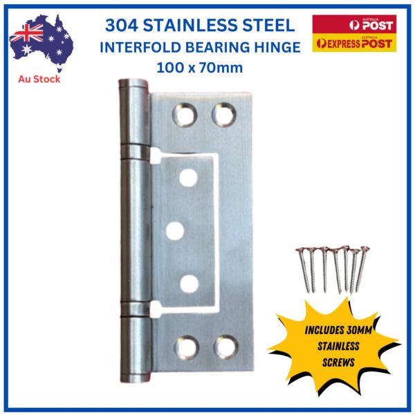 304 Stainless Steel Non-Mortice Ball Bearing Interfold Hinges – 100 mm 2.5 mm Thick-Offset Round Knuckle-Satin Stainless - Screws