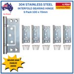 304 Stainless Steel Non-Mortice Ball Bearing Interfold Hinges – 100 mm 2.5 mm Thick-Offset Round Knuckle-Satin Stainless - five pack Screws