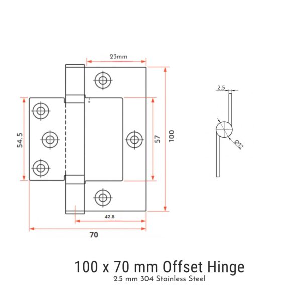 304 Stainless Steel Non-Mortice Ball Bearing Interfold Hinges – 100 mm 2.5 mm Thick-Offset -Round Knuckle-Satin Stainless-technical drawing