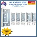 5 Pack 304 Stainless Steel Fast Fix Interfold Hinges | 100 mm × 70 mm | Offset Round Knuckle | Satin Stainless with fixing Screws