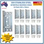 10 Pack 304 Stainless Steel Fast Fix Interfold Hinges | 100 mm × 70 mm | Offset Round Knuckle | Satin Stainless with fixing Screws