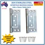 Twin Pack 304 Stainless Steel Fast Fix Interfold Hinges | 100 mm × 70 mm | Offset Round Knuckle | Satin Stainless with fixing Screws