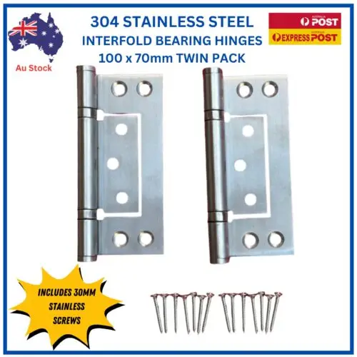 Twin Pack 304 Stainless Steel Fast Fix Interfold Hinges | 100 mm × 70 mm | Offset Round Knuckle | Satin Stainless with fixing Screws