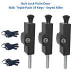 patio-bolt-door-timber-aluminium-sliding-hinged-black-156mm-49mm-9.5mm-stainless steel-9-keys-keyed-alike-triple-pack-high strength-replacement-whitco