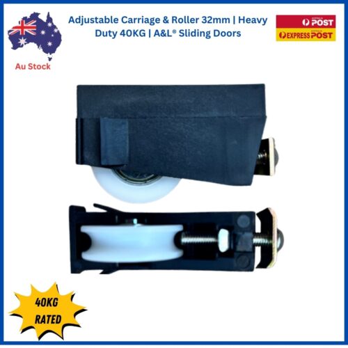 Adjustable carriage and 32mm acetal roller for A&L® sliding doors - front view showing nylon housing and height adjustment bolt