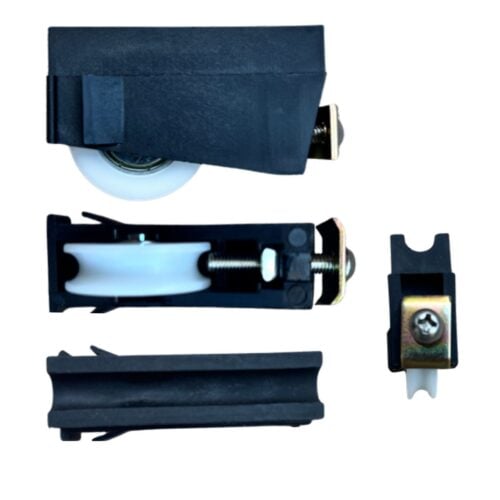 Adjustable carriage and 32mm roller for A&L® sliding doors - top view showing zinc adjustment bracket and height screw