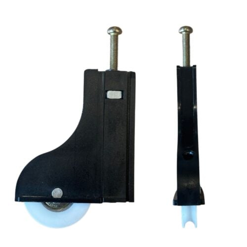 Adjustable wardrobe door carriage and 39mm acetal roller for top hung sliding doors front profile view