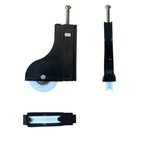 Adjustable wardrobe door carriage and 39mm acetal roller showing multiple angles front side and bottom
